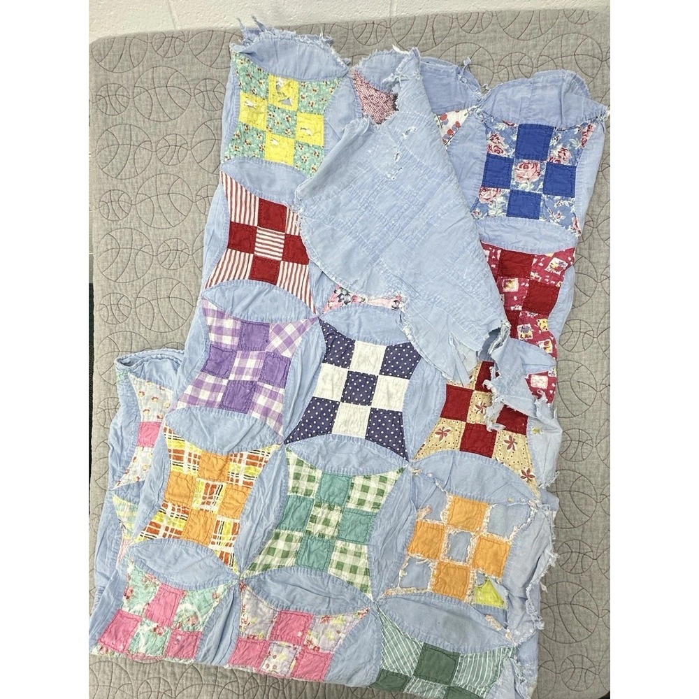 Antique Cutter Quilt Blue Drunkards‎ Path Patchwork Primitive Fabric Handmade